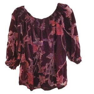 Blouse top velour burnout floral semi-sheer burgundy vine color sz XL